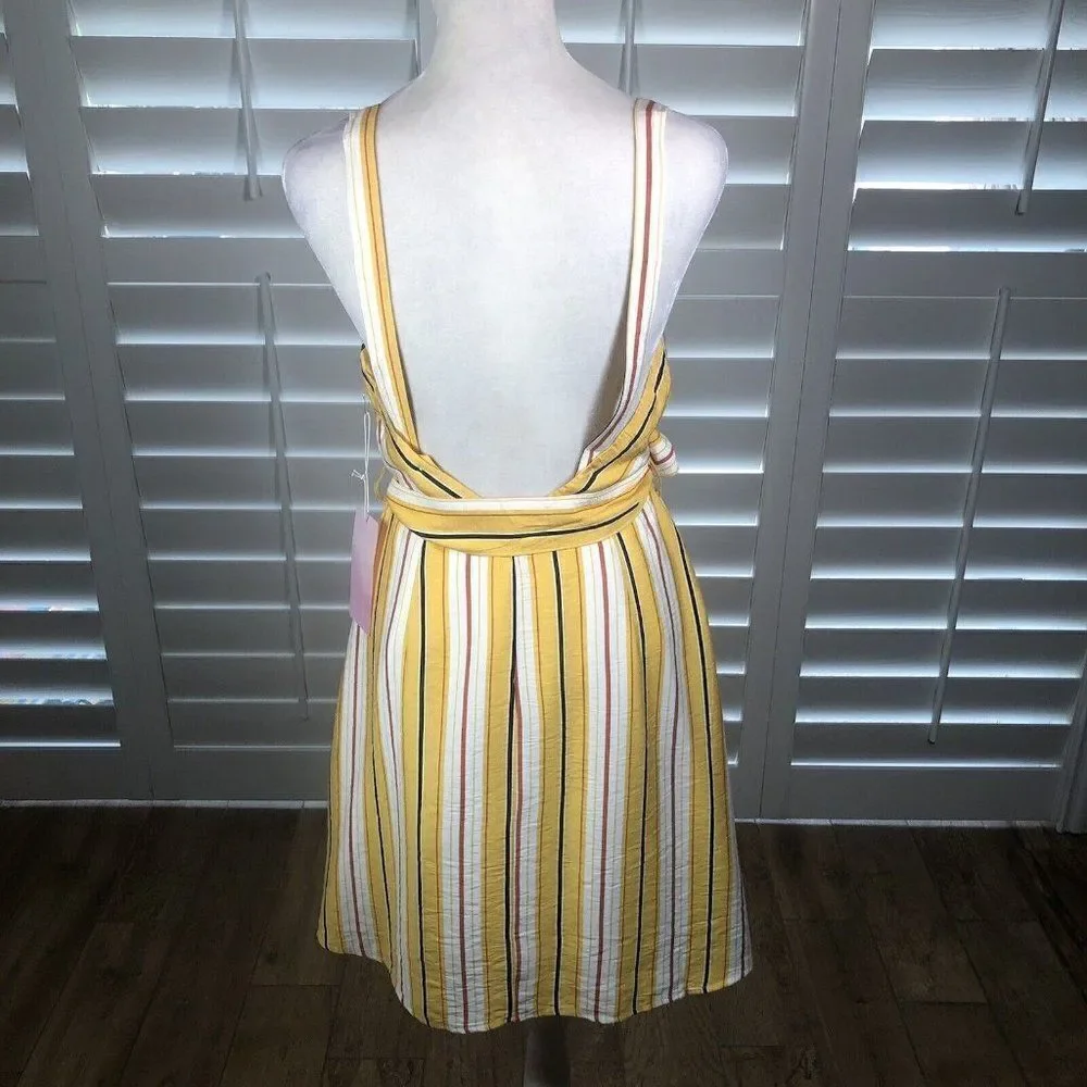 NEW Fashion On Earth Yellow Striped Sundress Small Backless Button Front Summer